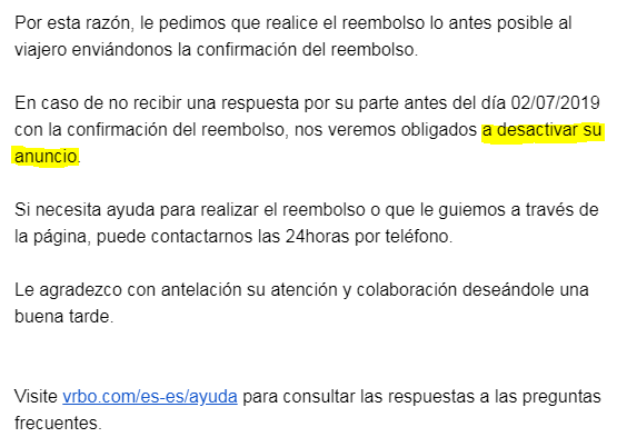 Desactivación de anuncio por parte de VRBO